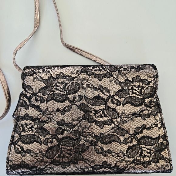 Neiman Marcus Black & Gold Lace Overlay Evening Clutch Crossbody Bag 7