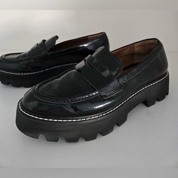 Franco Sarto Baylin Black Patent Lug Sole Penny Loafers Size 6 NWOT