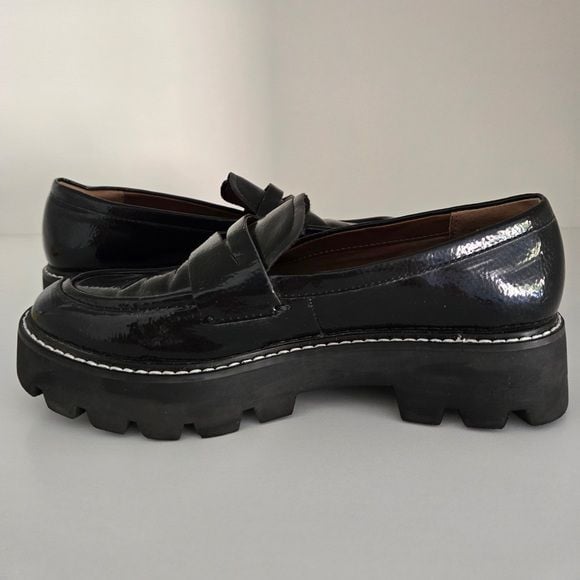 Franco Sarto Baylin Black Patent Lug Sole Penny Loafers Size 6 NWOT 7