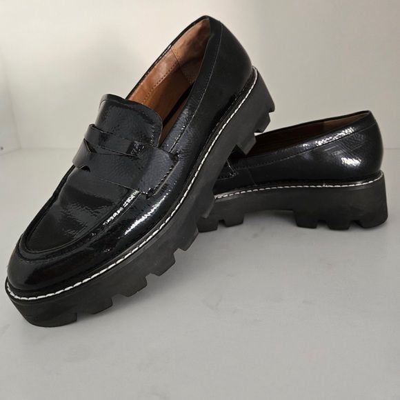 Franco Sarto Baylin Black Patent Lug Sole Penny Loafers Size 6 NWOT 15