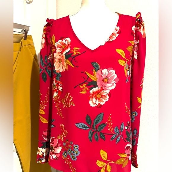 LOFT Floral V-Neck Blouse - Red and Green 2