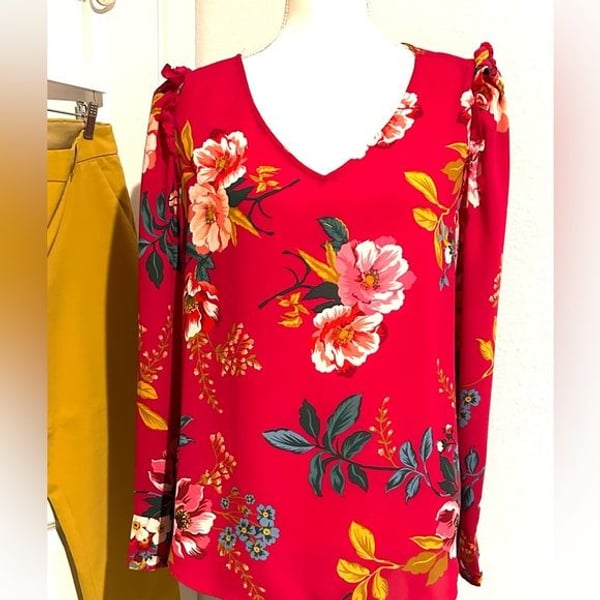 LOFT Floral V-Neck Blouse - Red and Green