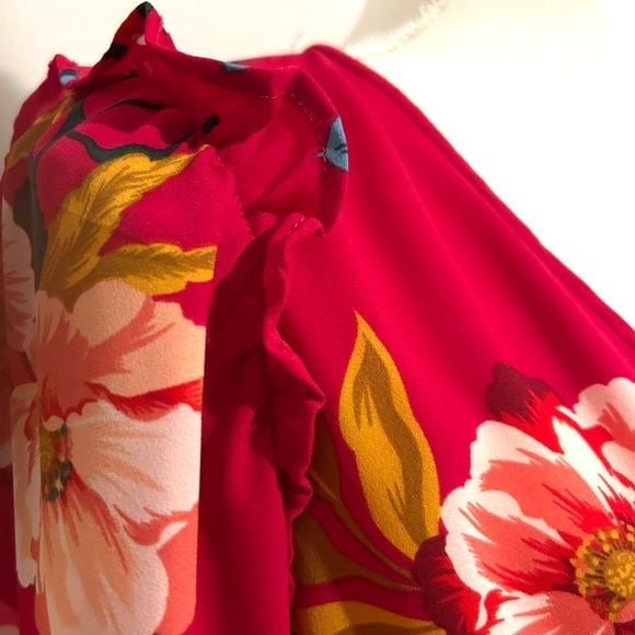 LOFT Floral V-Neck Blouse - Red and Green 3
