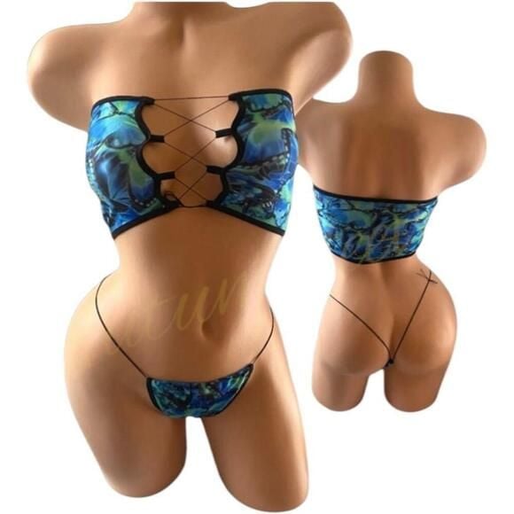 Women's Dreamgirl Rave Butterfly Print Bandeau Set - Blue/Green 1