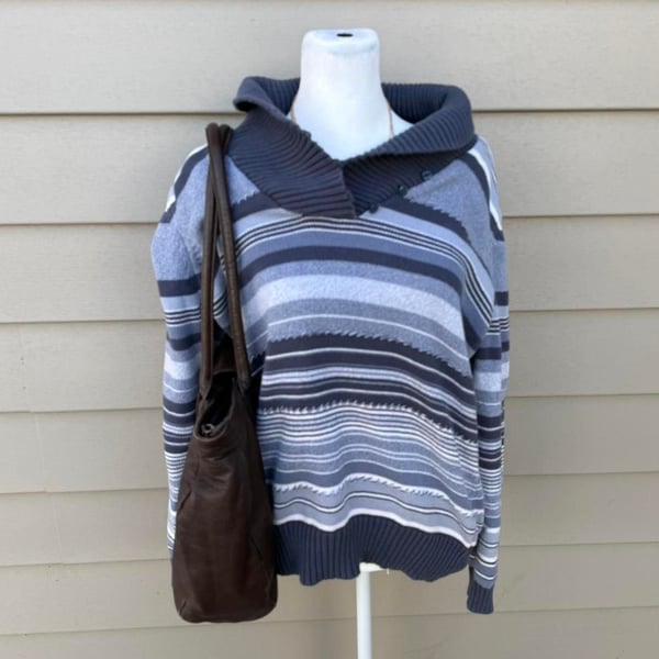 Vintage Liz Claiborne Blue Striped Knit Sweater, Shawl Collar, Women's Size XL