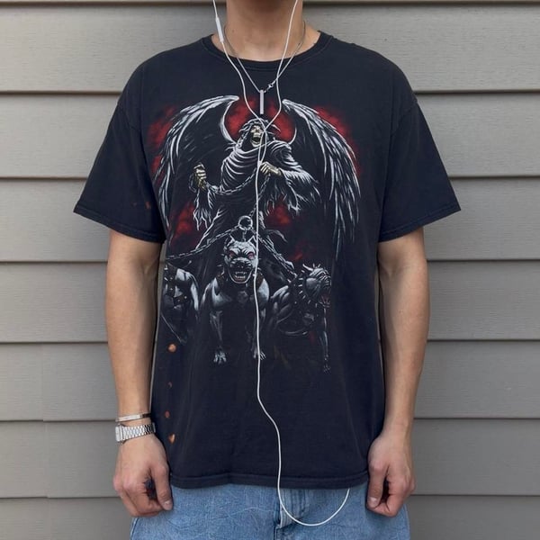 Vintage Y2K Grim Reaper Pitbull Graphic Tee Shirt XL Black Grunge