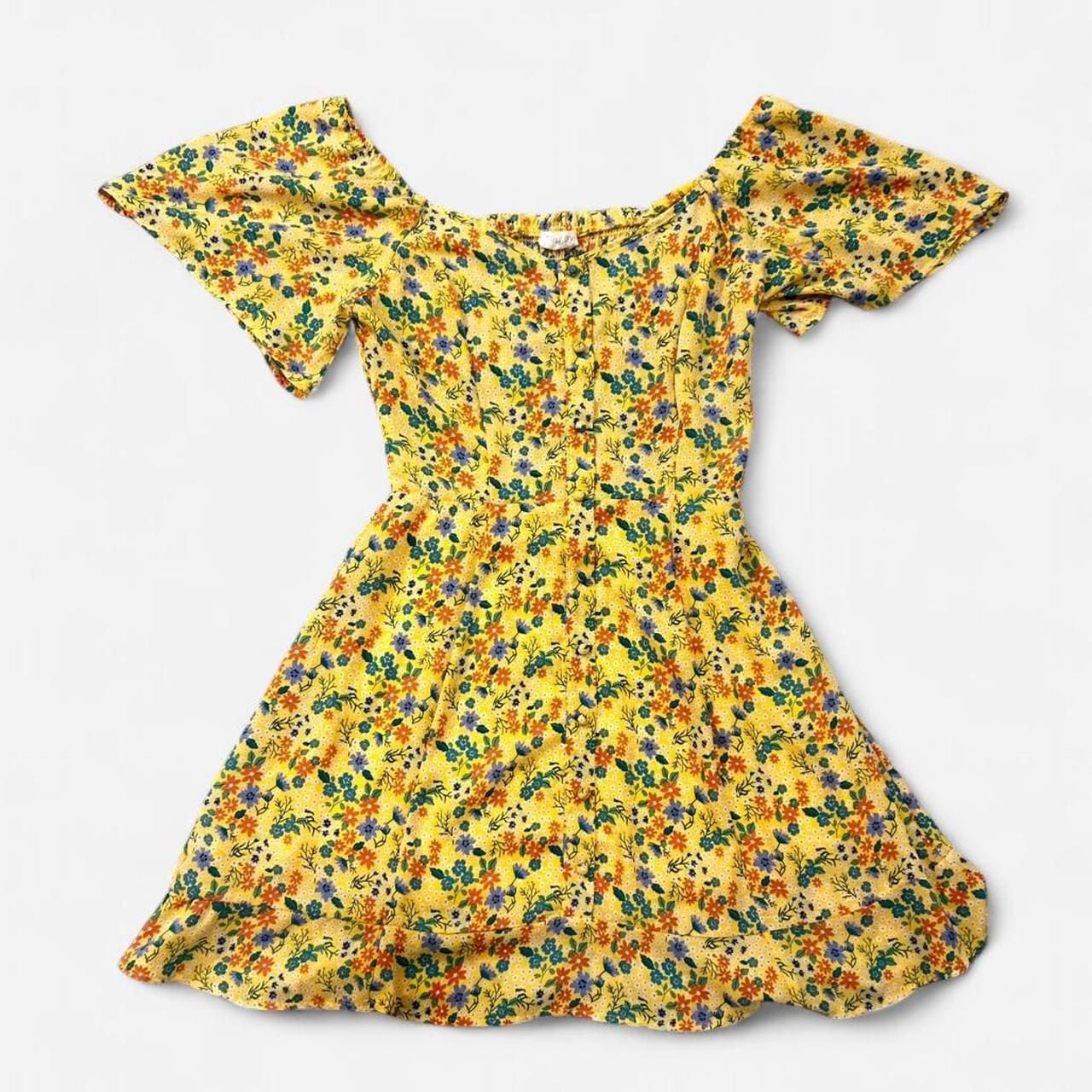 Sienna Sky Yellow Floral Mini Dress, Flutter Sleeve, Smocked Back, Size S 2
