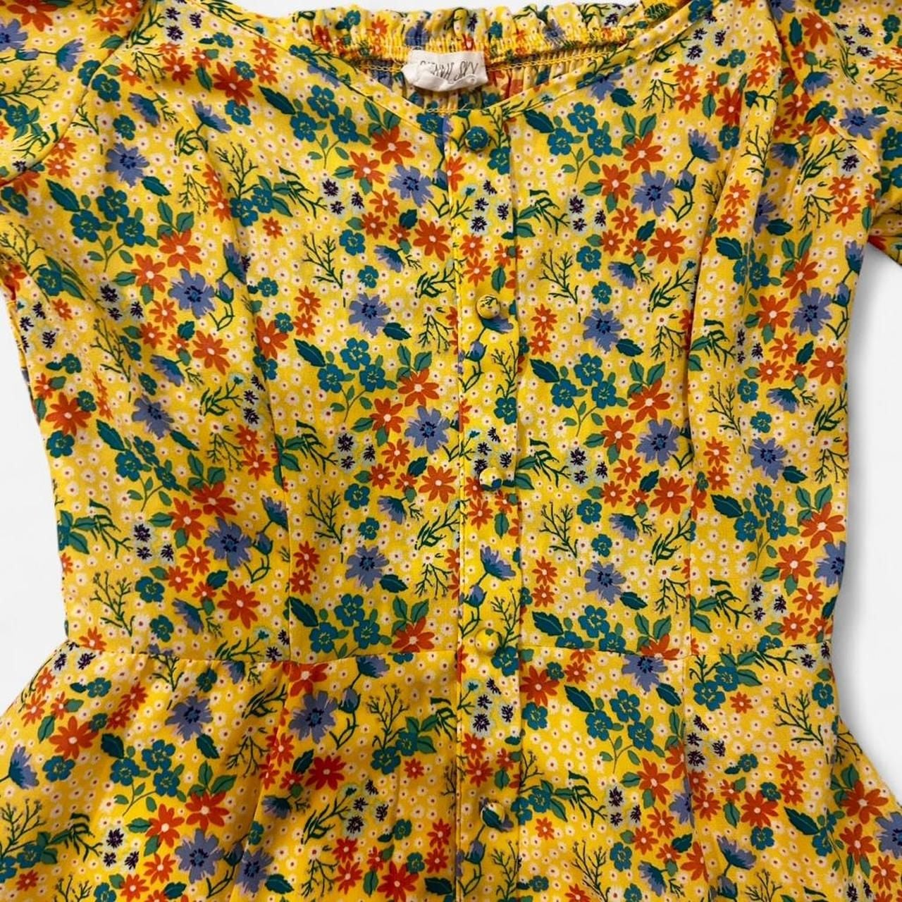 Sienna Sky Yellow Floral Mini Dress, Flutter Sleeve, Smocked Back, Size S 3