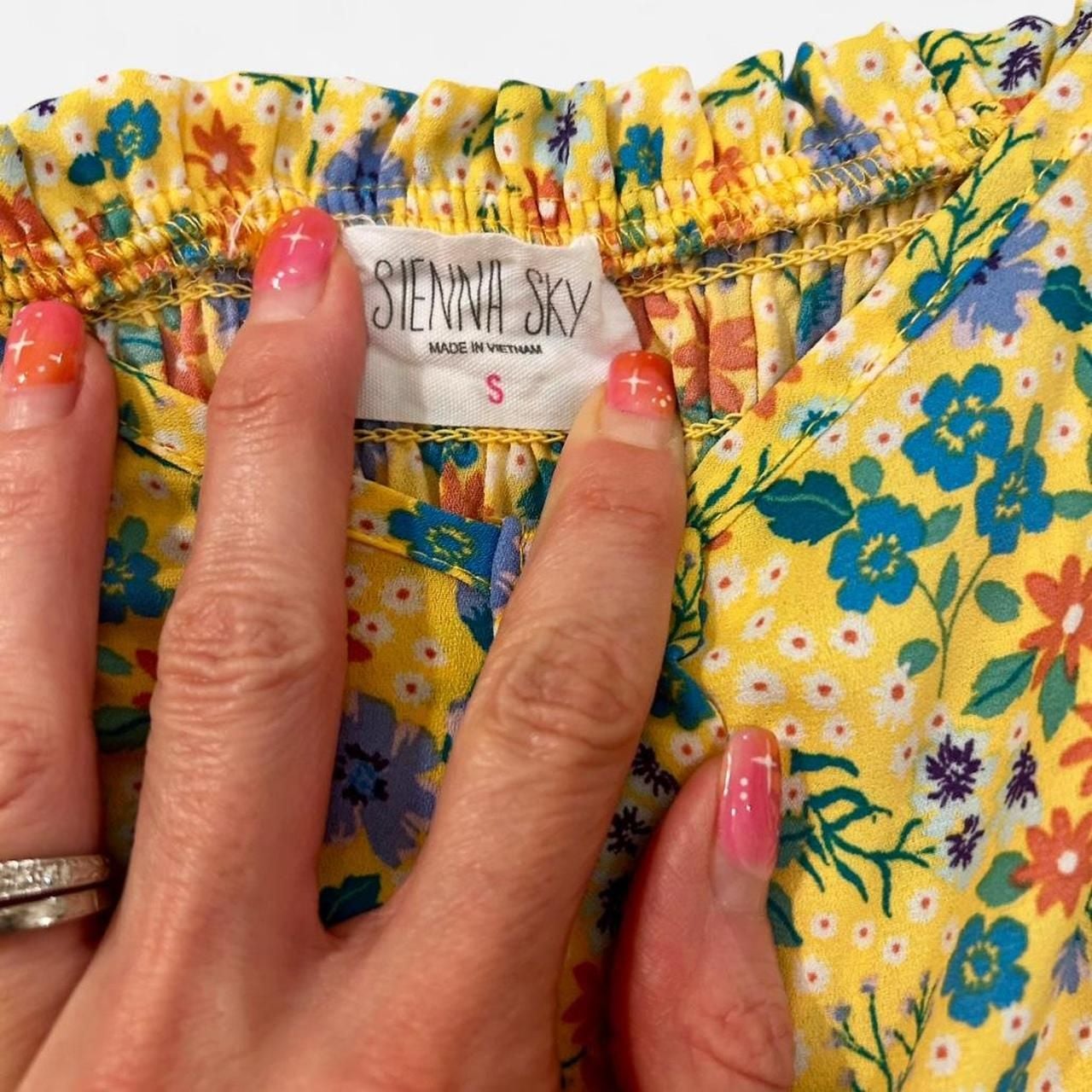 Sienna Sky Yellow Floral Mini Dress, Flutter Sleeve, Smocked Back, Size S 5