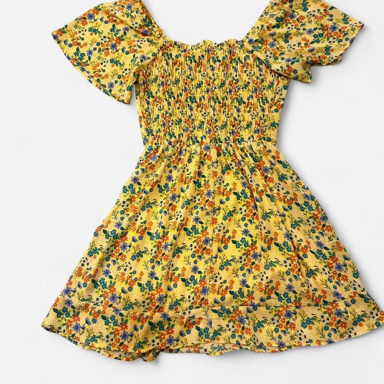 Sienna Sky Yellow Floral Mini Dress, Flutter Sleeve, Smocked Back, Size S 6
