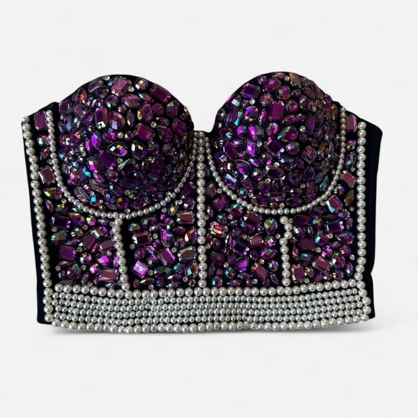 The Sang Bejeweled Pearl & Rhinestone Bustier Corset Top Purple S