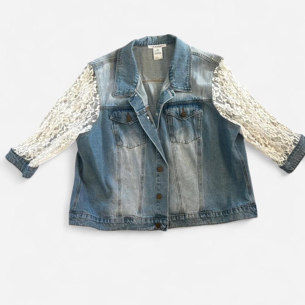 K.Jordan Plus Size 2X Denim Jacket with 3/4 Floral Lace Sleeves 2