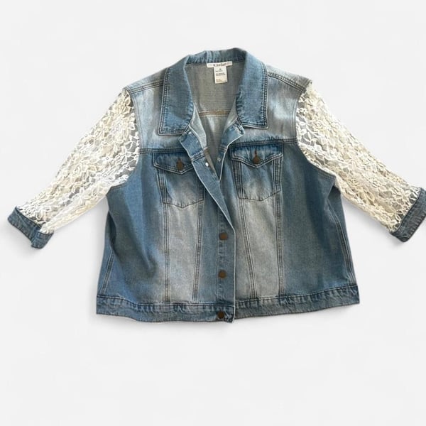 K.Jordan Plus Size 2X Denim Jacket with 3/4 Floral Lace Sleeves