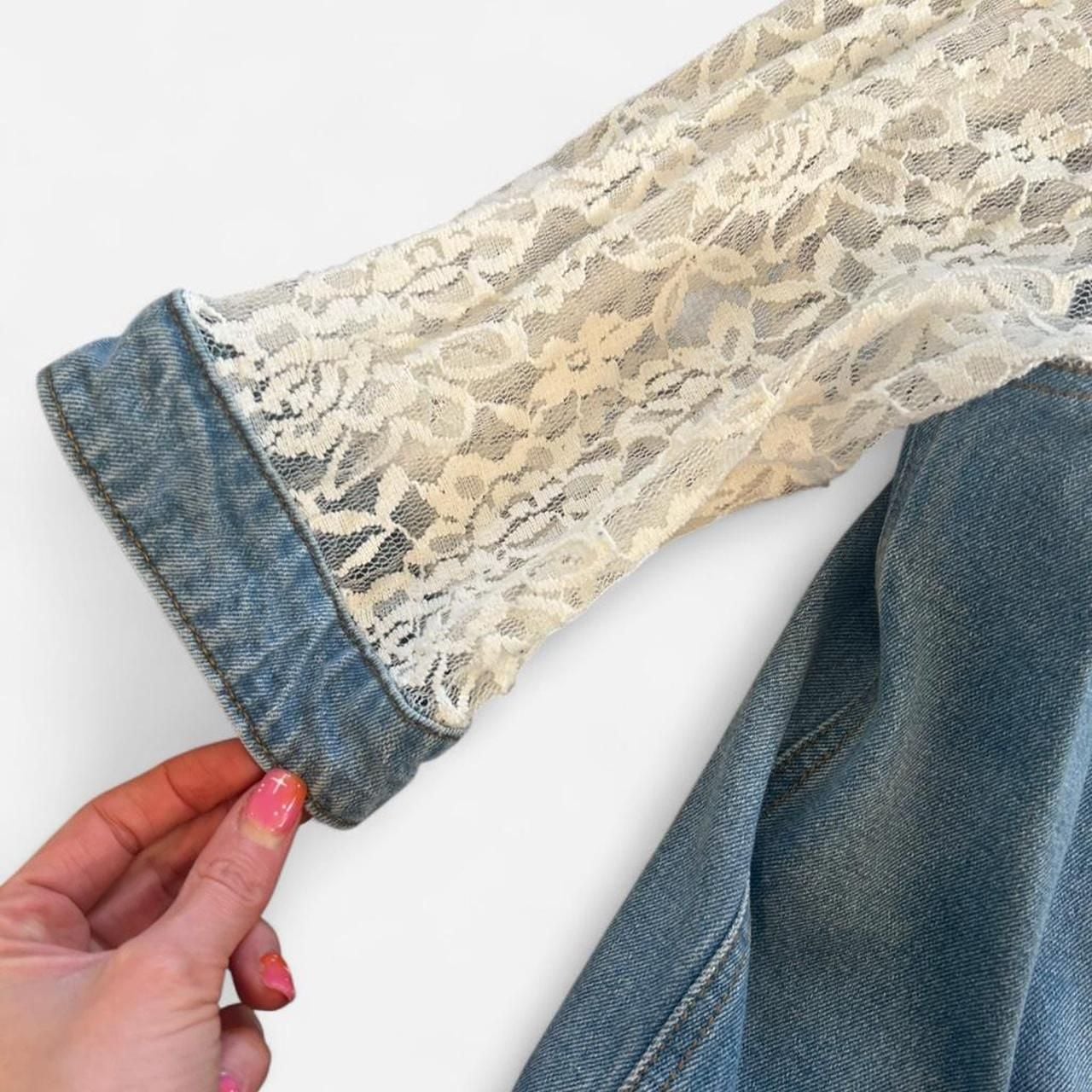 K.Jordan Plus Size 2X Denim Jacket with 3/4 Floral Lace Sleeves 4
