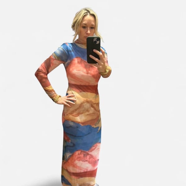 Anthropologie Abstract Landscape Mock-Neck Knit Maxi Dress, Small