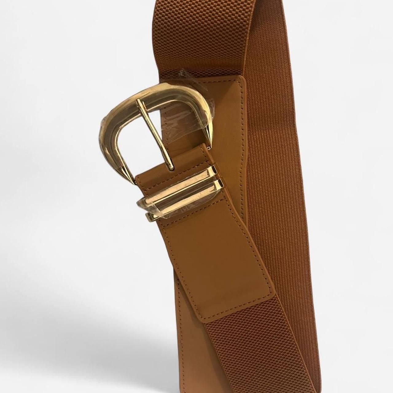 Tan and Brown Elastic Wide Waist Belt with Gold Buckle - Fits 28-31" 1