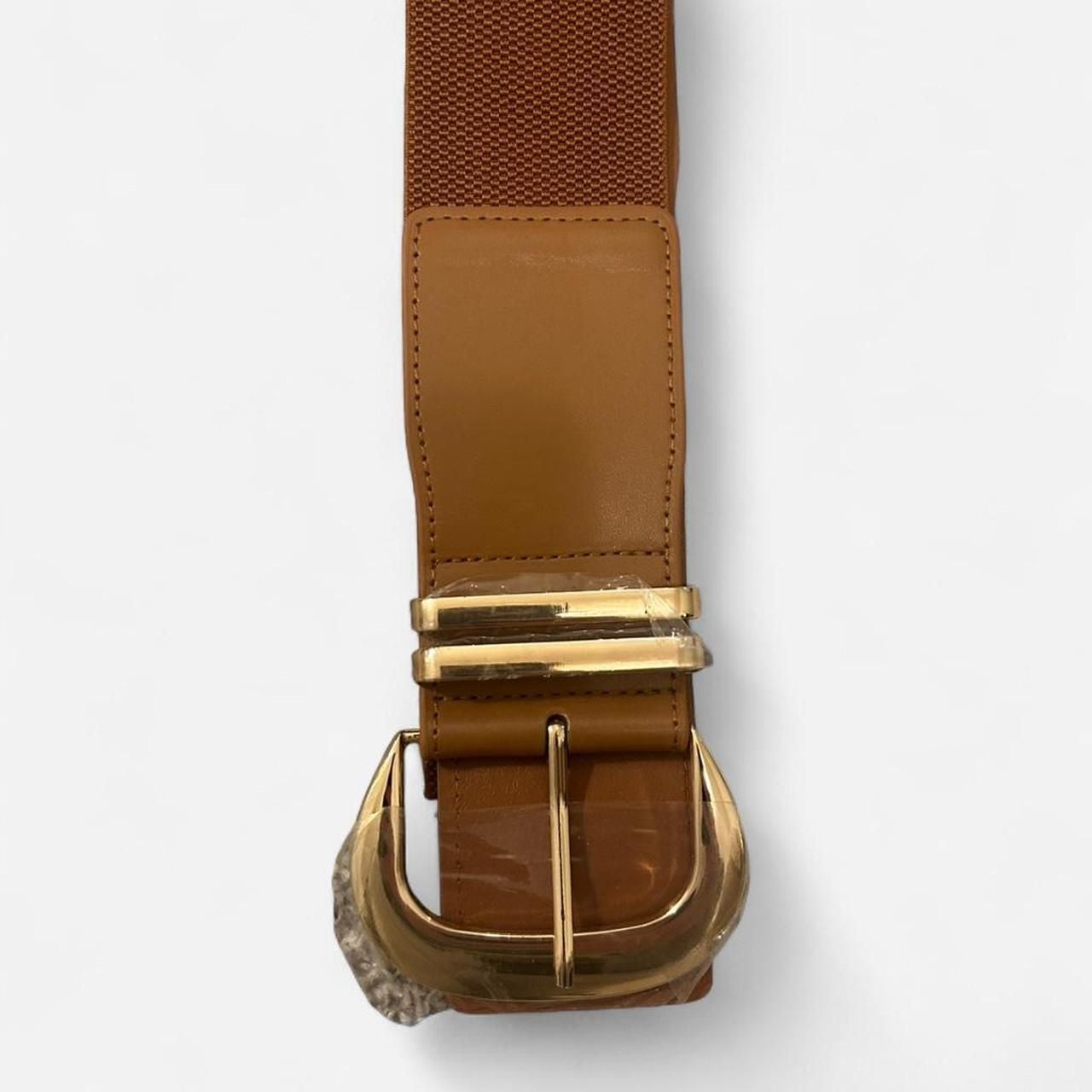 Tan and Brown Elastic Wide Waist Belt with Gold Buckle - Fits 28-31" 3