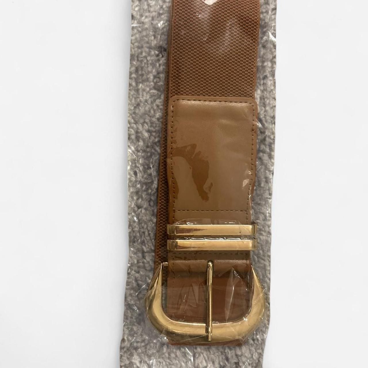 Tan and Brown Elastic Wide Waist Belt with Gold Buckle - Fits 28-31" 4