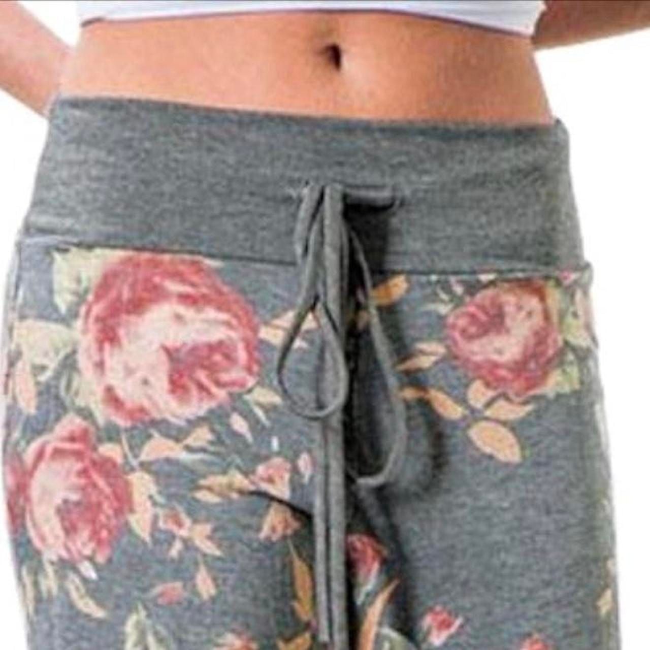Women's Floral Print Drawstring Palazzo Lounge Pants - Wide Leg Grey Large 2