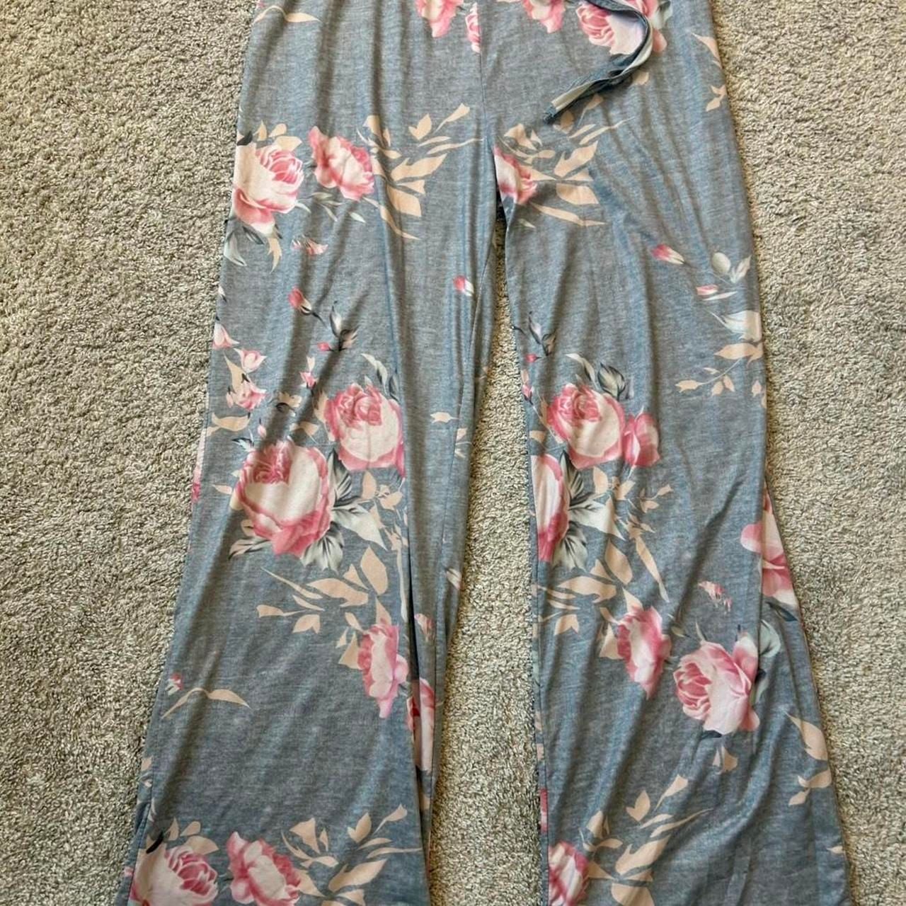 Women's Floral Print Drawstring Palazzo Lounge Pants - Wide Leg Grey Large 3