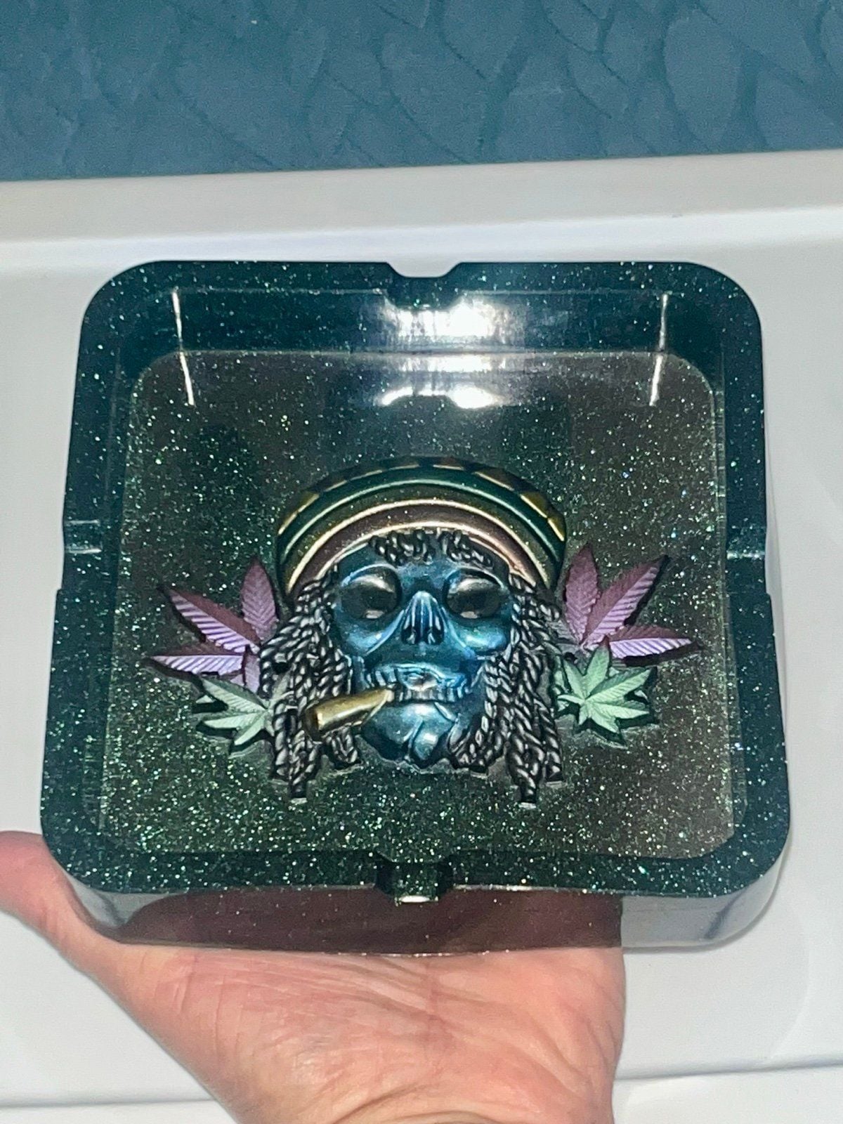 Handmade Colorful Rasta Skull Resin AshTray 8