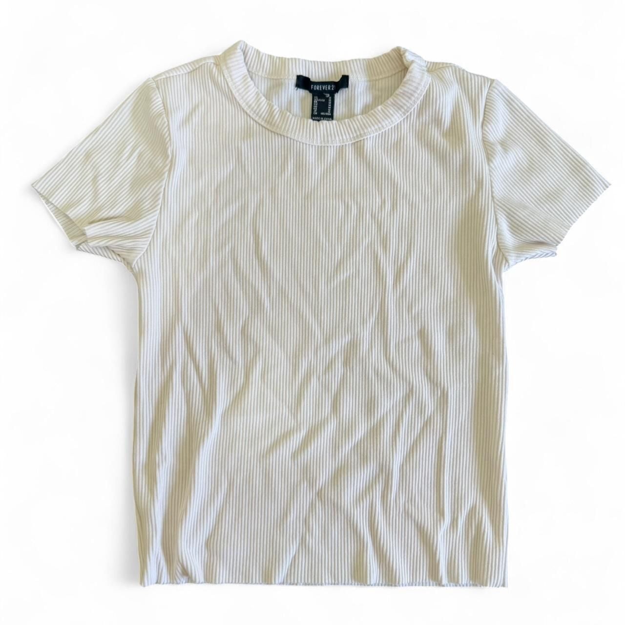 Forever 21 White Ribbed Short Sleeve Top, Size M 2