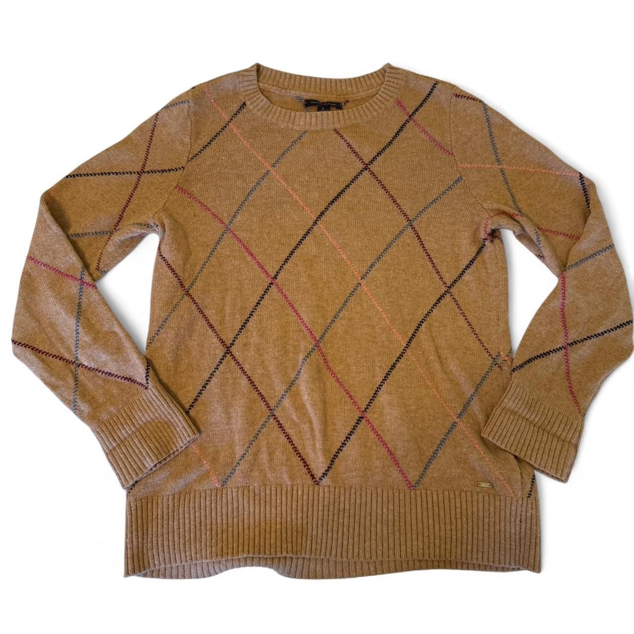 Tommy Hilfiger Tan Argyle Knit Sweater, Women's Size M - Fall Essential 2