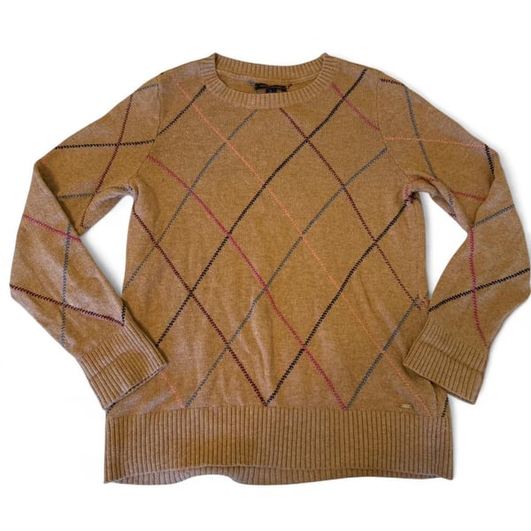 Tommy Hilfiger Tan Argyle Knit Sweater, Women's Size M - Fall Essential