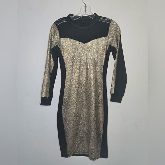 Gold & Black Metallic Bodycon Dress Long Sleeve Size M Lined Party Cocktail 2