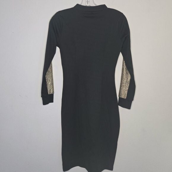 Gold & Black Metallic Bodycon Dress Long Sleeve Size M Lined Party Cocktail 3