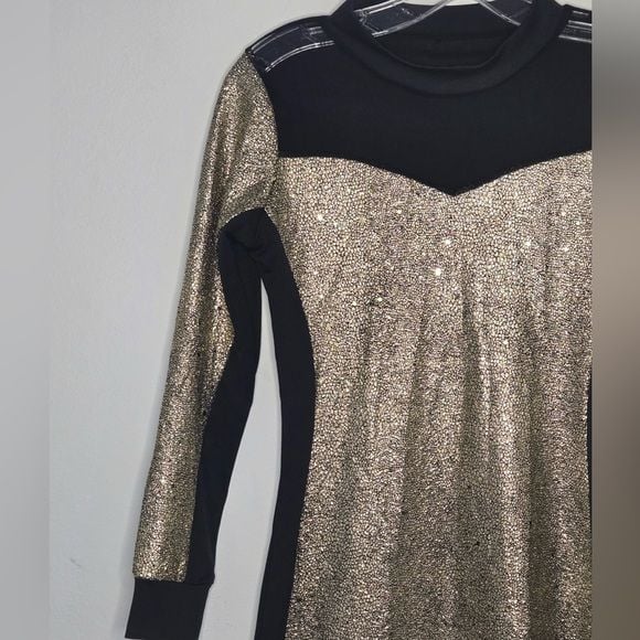 Gold & Black Metallic Bodycon Dress Long Sleeve Size M Lined Party Cocktail 4