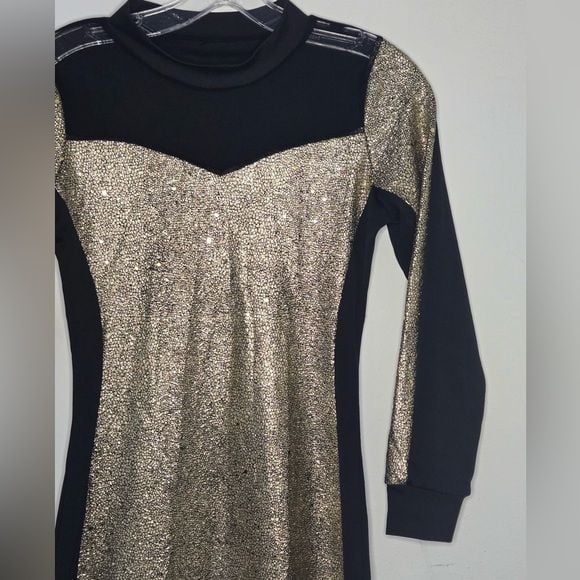 Gold & Black Metallic Bodycon Dress Long Sleeve Size M Lined Party Cocktail 5