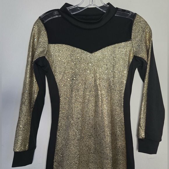 Gold & Black Metallic Bodycon Dress Long Sleeve Size M Lined Party Cocktail 6