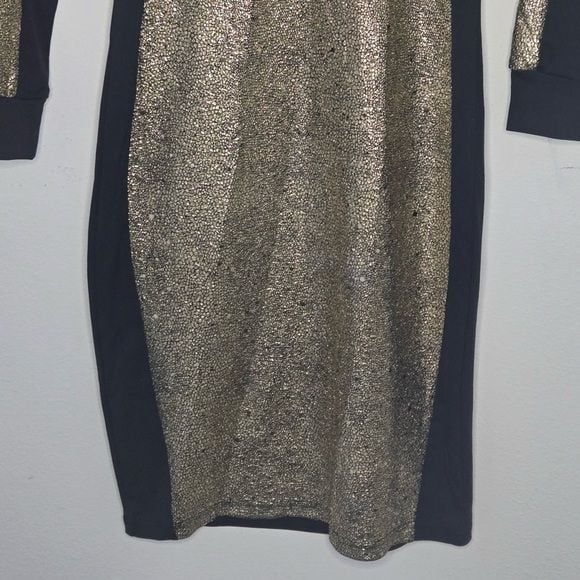 Gold & Black Metallic Bodycon Dress Long Sleeve Size M Lined Party Cocktail 7