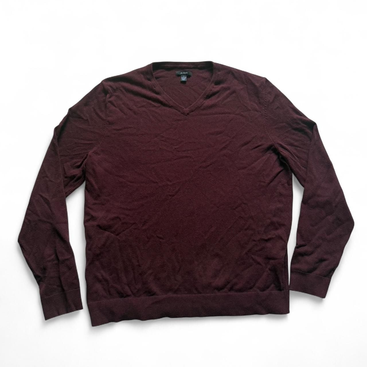 Alfani Burgundy V-Neck Sweater, Men's Size L - Classic Knitwear 2