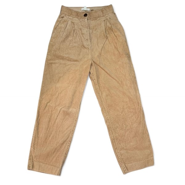 H&M Tan Corduroy Trousers - High-Waisted Pleated Pants, Women's Size 2