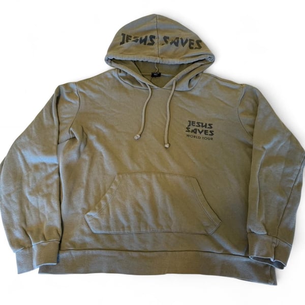 Jesus Saves World Tour Khaki Hoodie, M — Rock Style Christian Streetwear