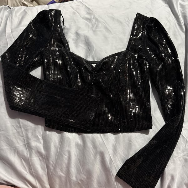 ASTR The Label Black Sequin Long Sleeve Sweetheart Crop Top - Size S