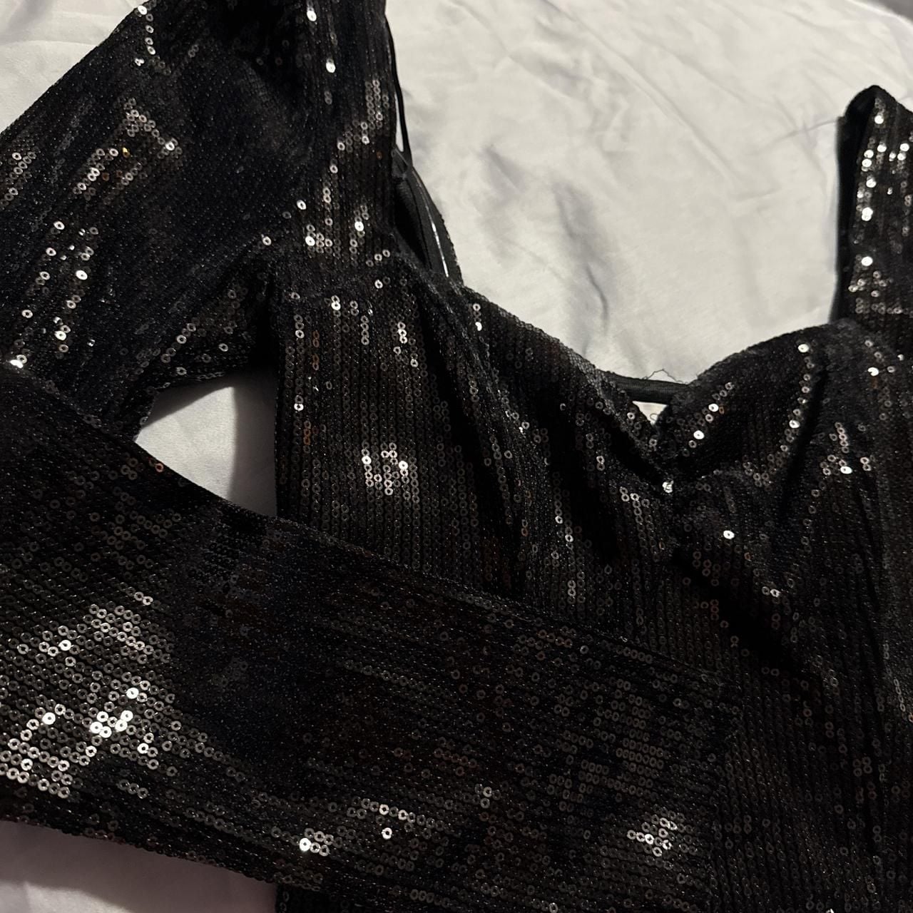 ASTR The Label Black Sequin Long Sleeve Sweetheart Crop Top - Size S 3