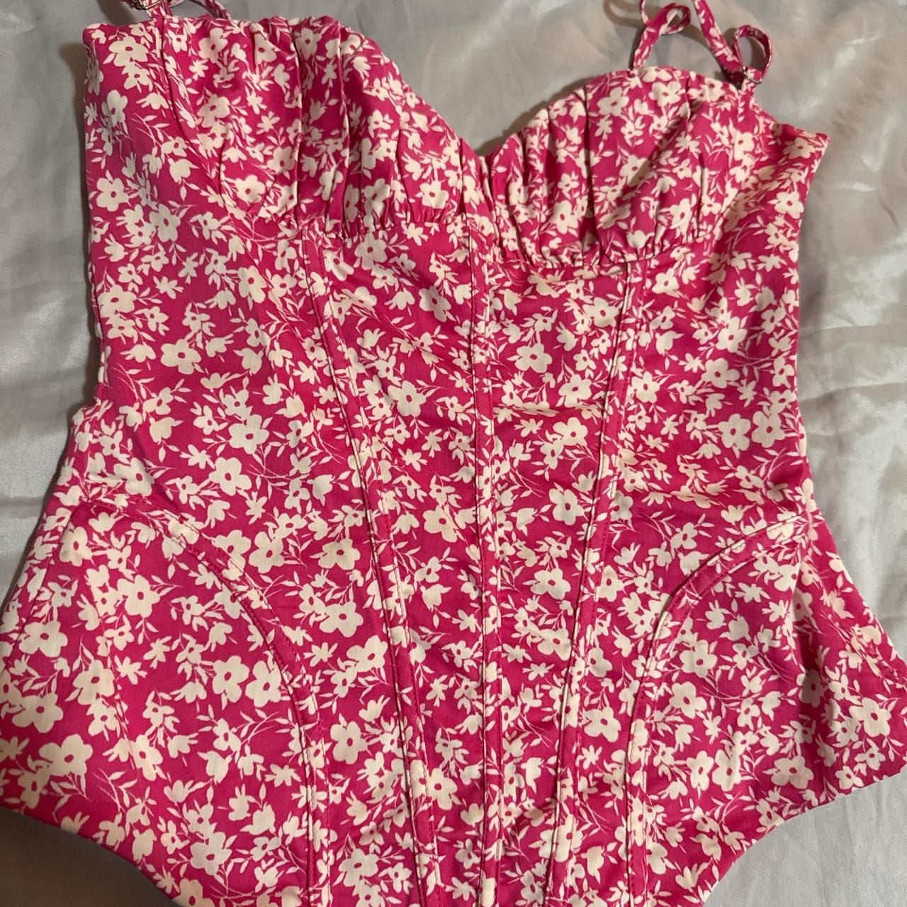 *Zara Pink Floral Corset Bodysuit - Structured Coquette Top - Size XS 1