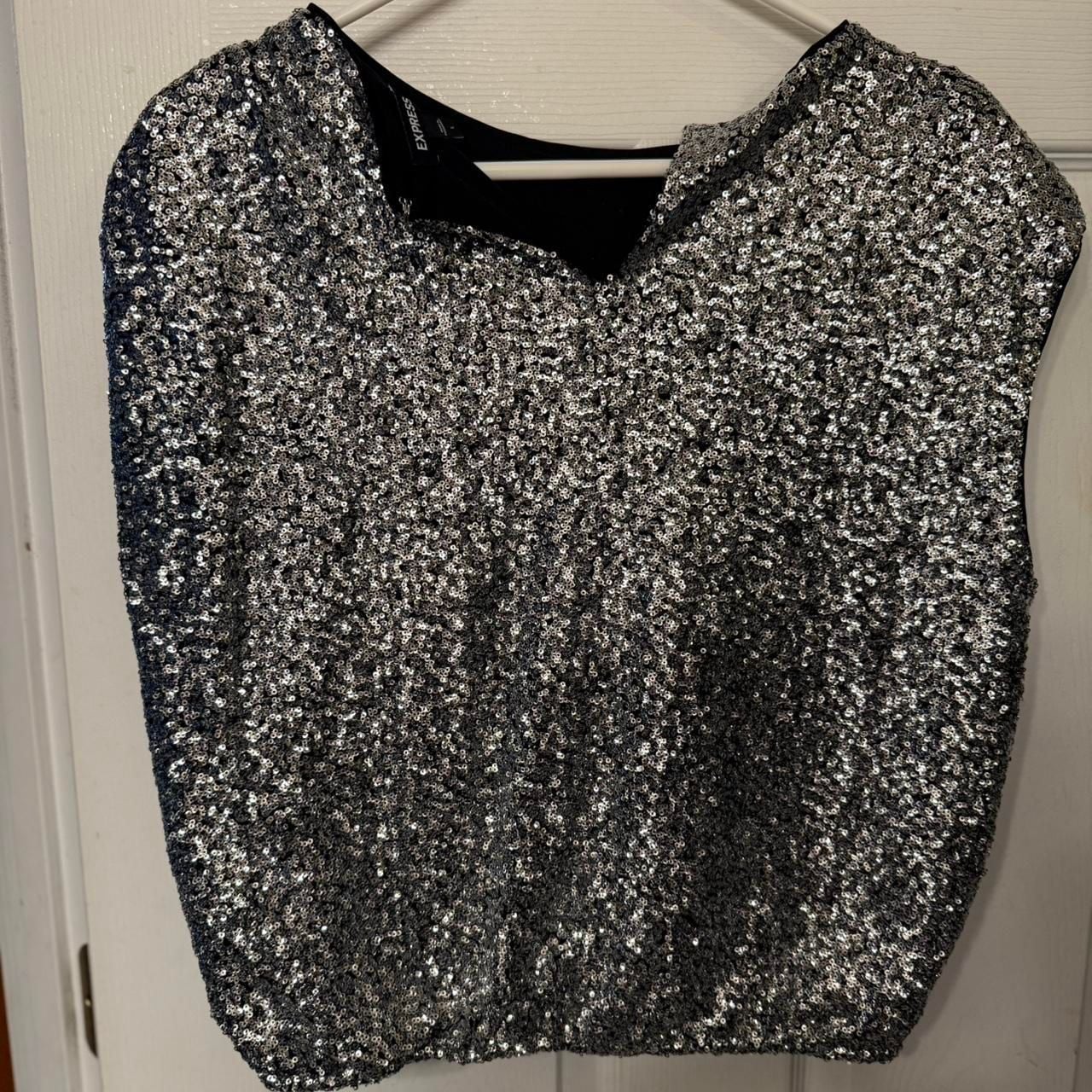 *Express Silver Sequin Cap-Sleeve Party Top, Glam Disco Sparkle, Size L 8