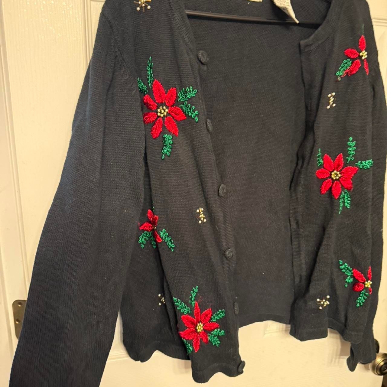 Vintage White Stag Embroidered Poinsettia Christmas Cardigan, Black, Size XL 2