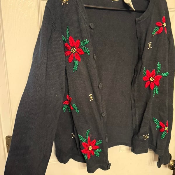Vintage White Stag Embroidered Poinsettia Christmas Cardigan, Black, Size XL