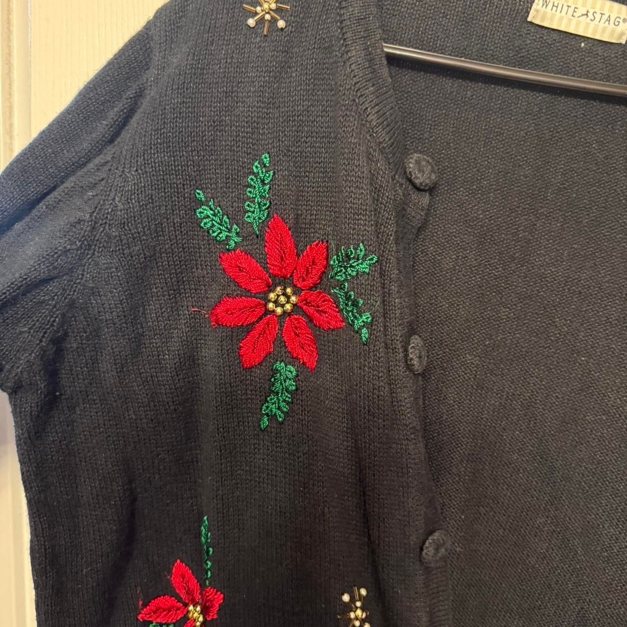 Vintage White Stag Embroidered Poinsettia Christmas Cardigan, Black, Size XL 3