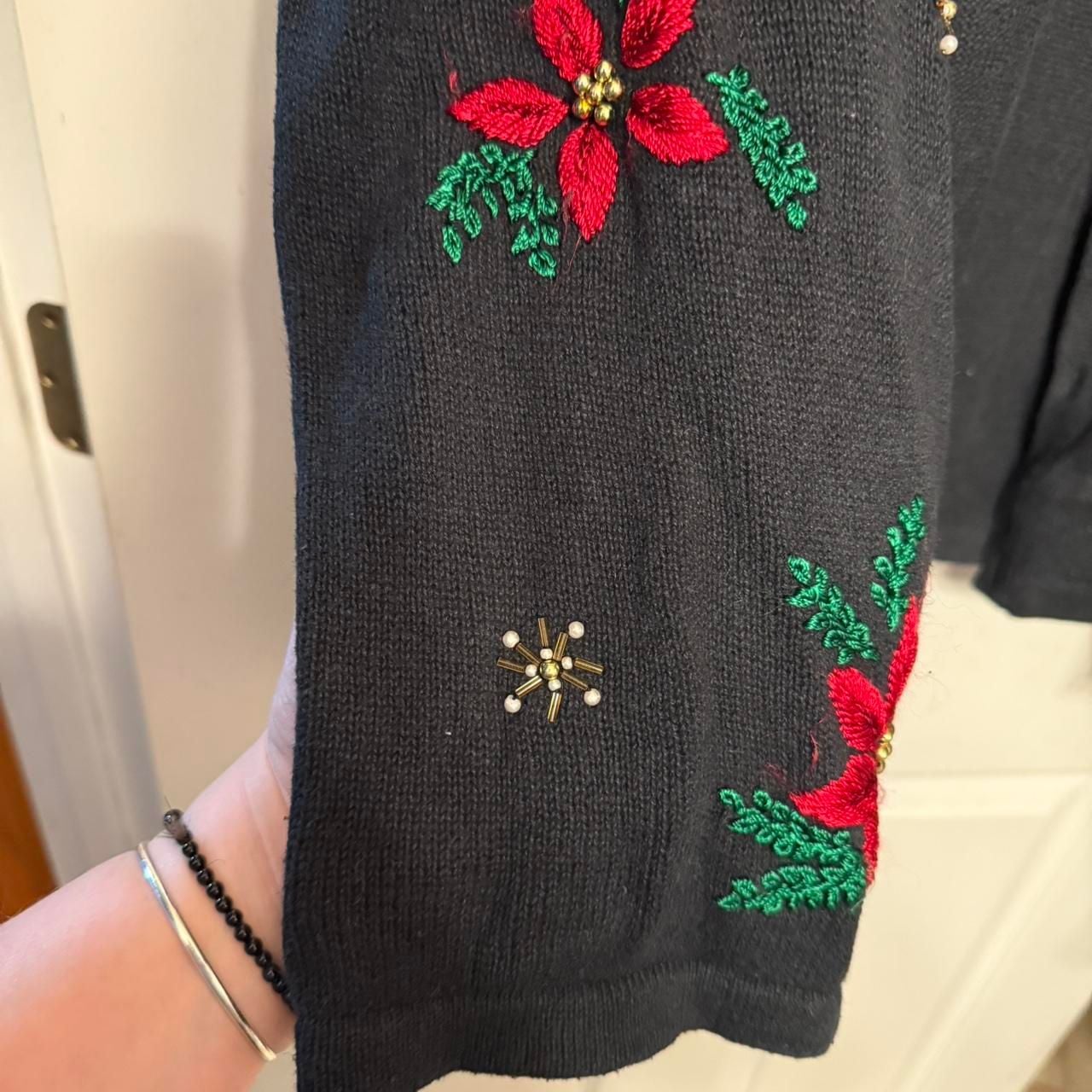 Vintage White Stag Embroidered Poinsettia Christmas Cardigan, Black, Size XL 5