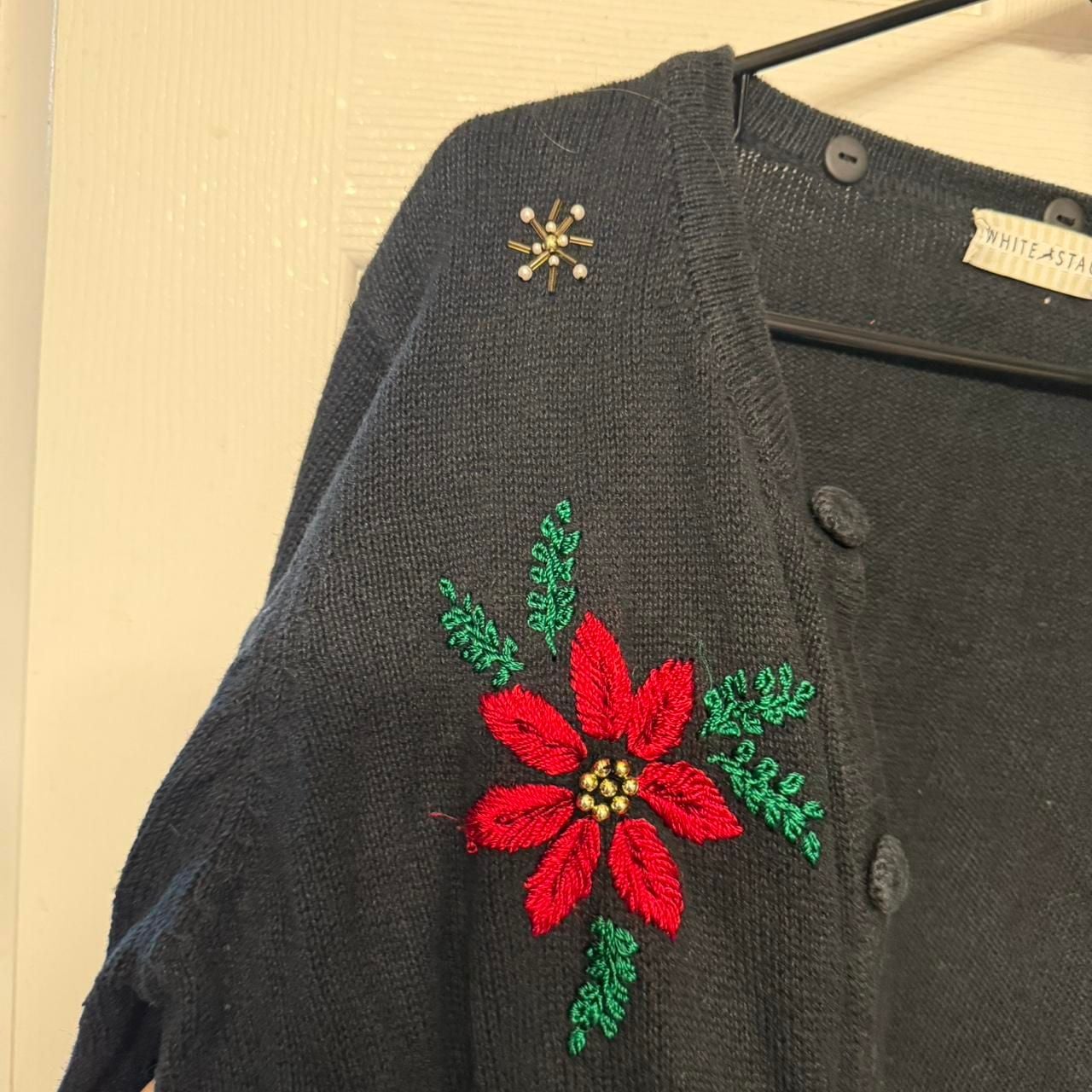 Vintage White Stag Embroidered Poinsettia Christmas Cardigan, Black, Size XL 6