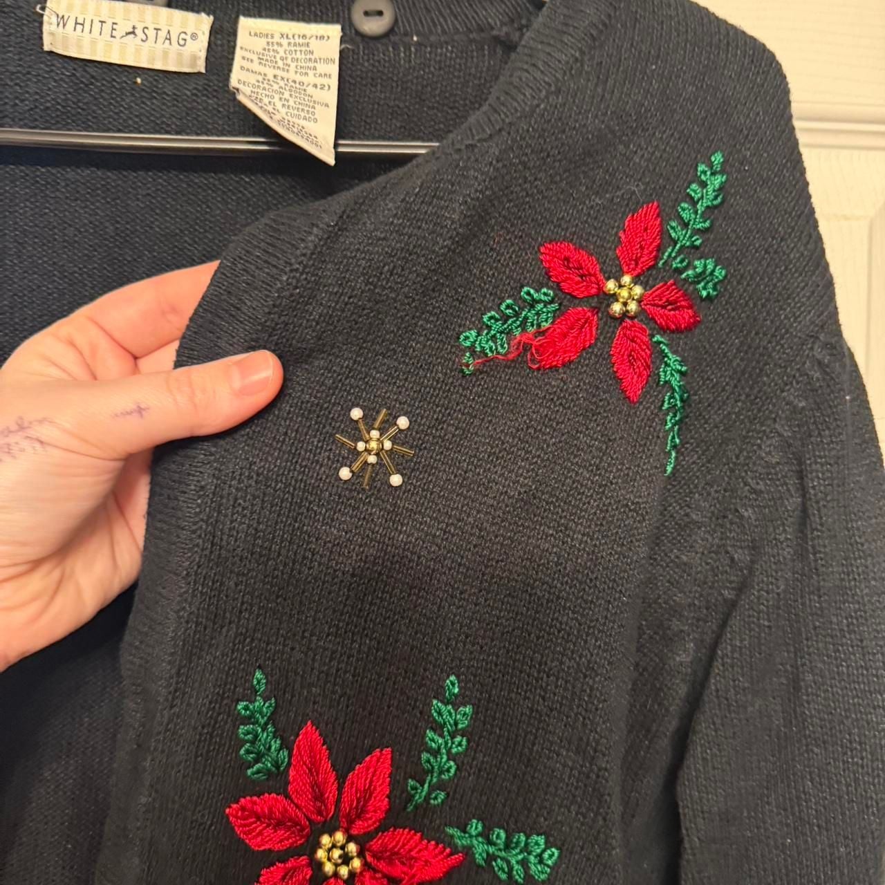 Vintage White Stag Embroidered Poinsettia Christmas Cardigan, Black, Size XL 7