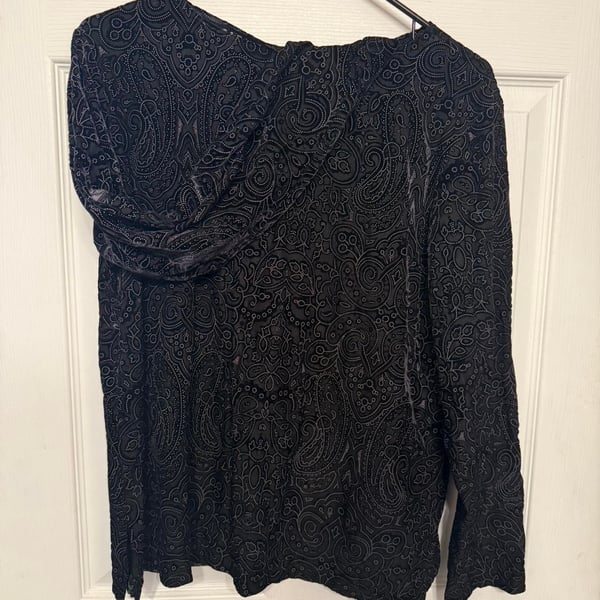 Vintage Dialogue Black Paisley Mesh Top, Ruched Sleeves, Size L — Goth Grunge