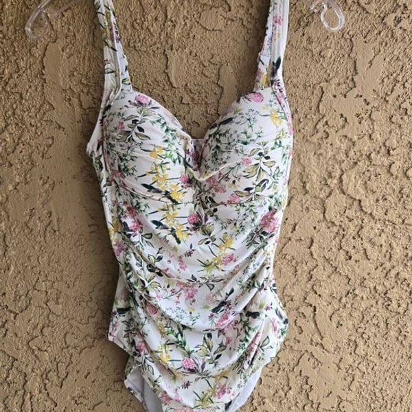Nip Tuck One-Piece Swimsuit - White Background  Pink & Yellow Flowers | Large