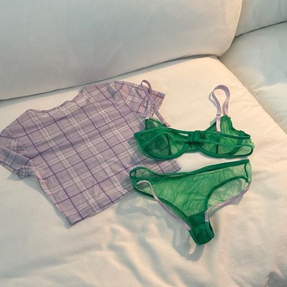 Sheer Mesh Unlined Green + Purple Women's Intimate 3 Piece Set 34B Small 2
